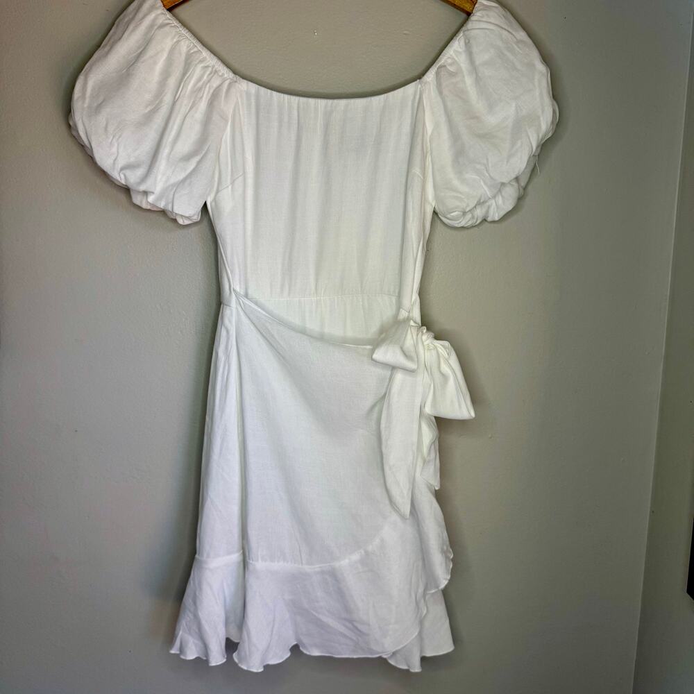 Trixxi White Puff Sleeve Faux Wrap Mini Dress Side Tie Flaw XS